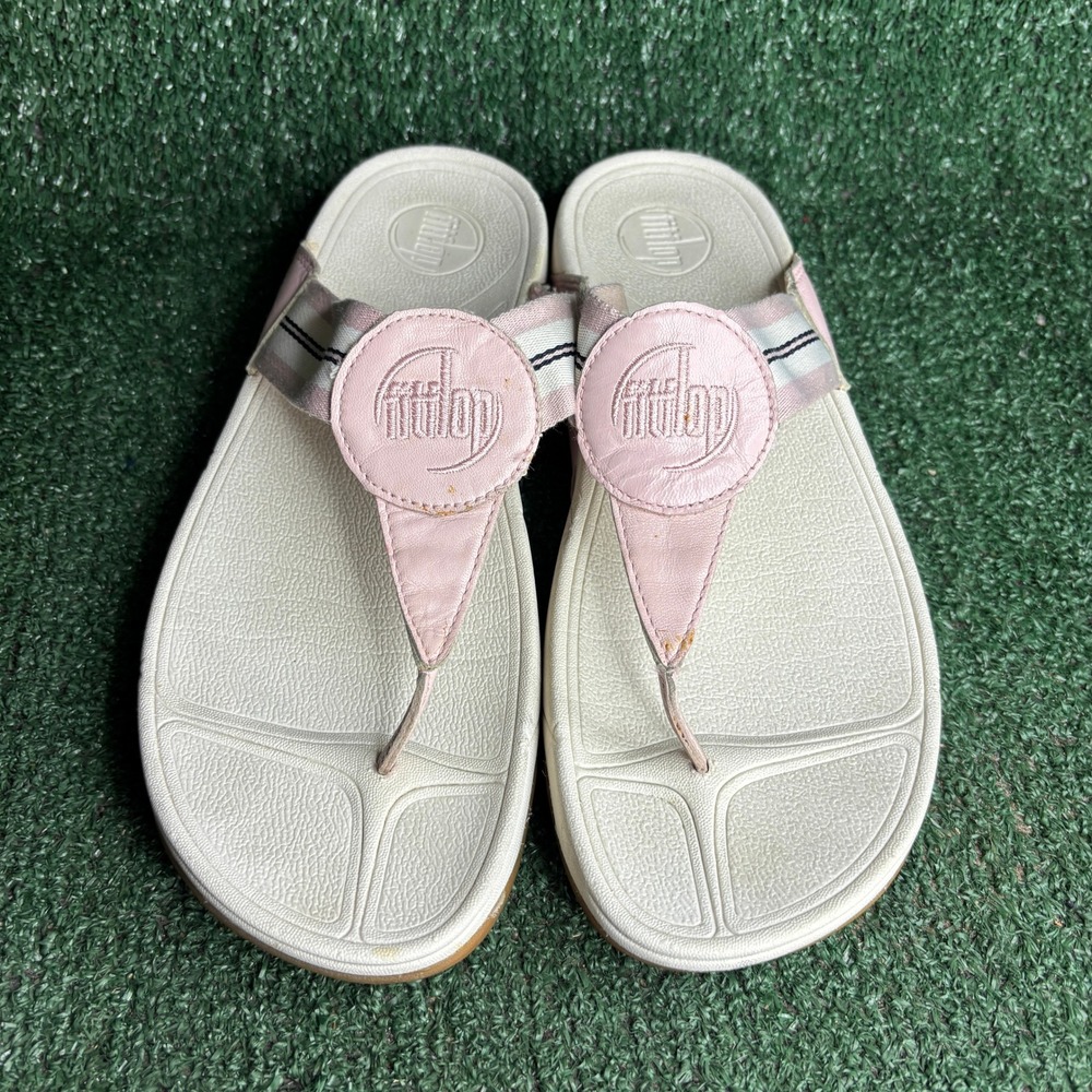 FitFlop Walkstar Leather Striped Travel Casual Thong Sandals Pink Womens Size 10